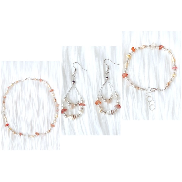 Hawaiian Momi  Shell And Glass Uneven Bead Necklace Bracelet And Earrings Set - Picture 8 of 10